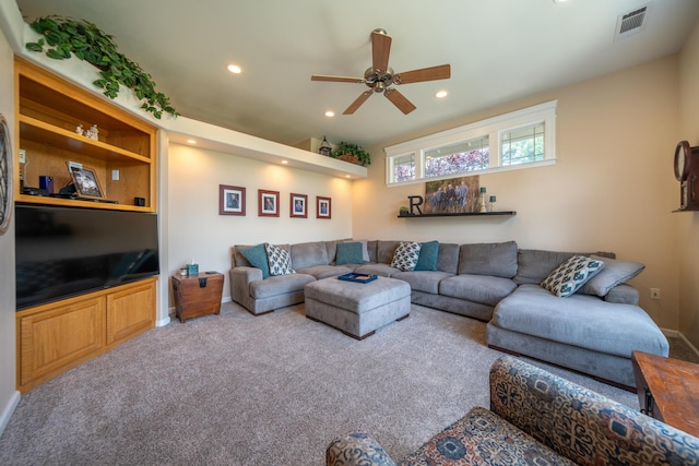 1030 Tulare Ct, Redding, CA 96003 - carpeted living area featuring a ceiling fan, recessed lighting, and baseboards