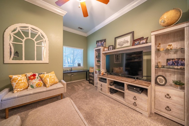 1030 Tulare Ct, Redding, CA 96003 - living room featuring crown molding, carpet floors, a ceiling fan, and baseboards
