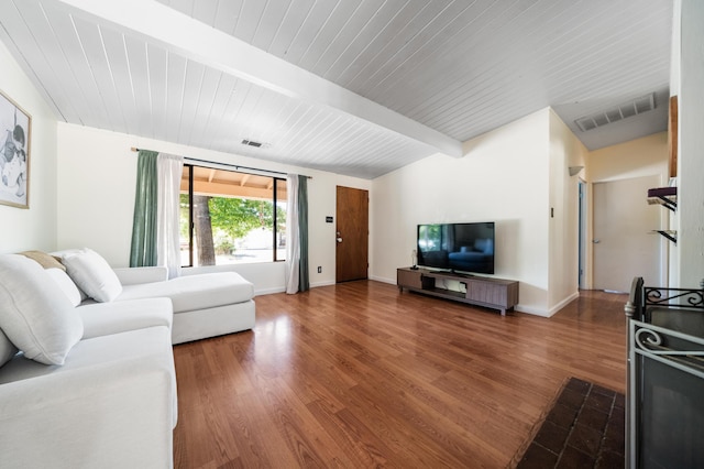 2006 Vale Dr, Redding, CA 96002 - living room with wood finished floors, baseboards, and wood ceiling with exposed beams