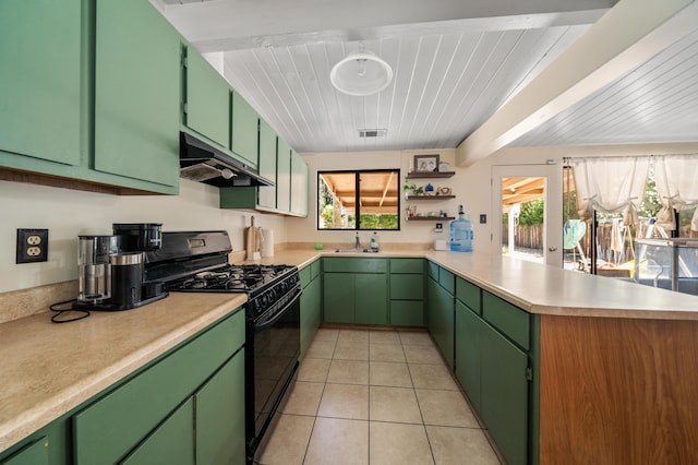 2006 Vale Dr, Redding, CA 96002 - kitchen with under cabinet range hood, black gas range, a peninsula, plenty of natural light, and wooden ceiling with exposed beams
