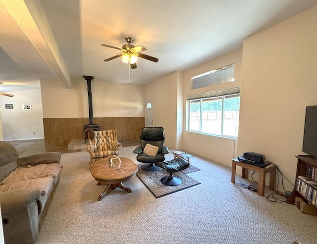 29093 Day Rd, Mcarthur, CA 96056 - carpeted living room featuring ceiling fan and a wood stove