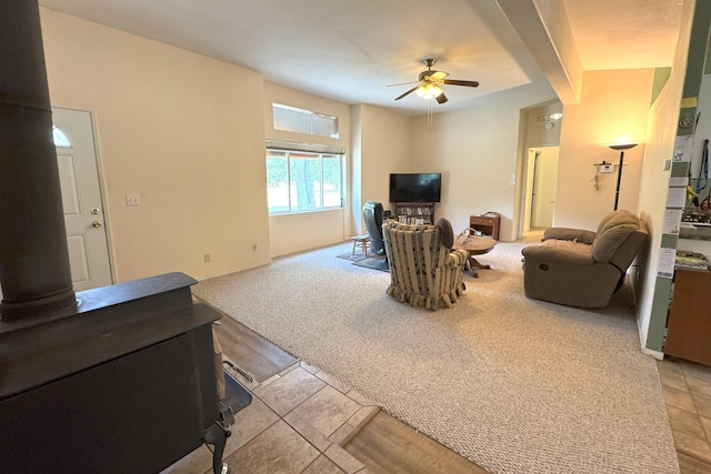 29093 Day Rd, Mcarthur, CA 96056 - tiled living room featuring carpet floors and a ceiling fan