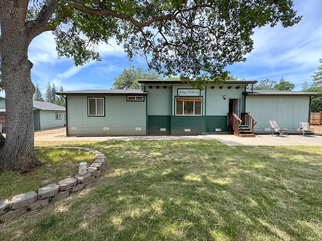 29093 Day Rd, Mcarthur, CA 96056 - view of front of home featuring crawl space, entry steps, a front yard, and a patio area