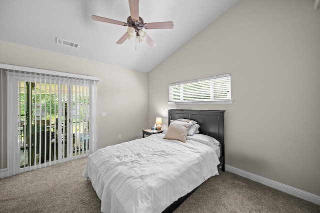 3921 Silver Lace Ln, Redding, CA 96001 - carpeted bedroom featuring vaulted ceiling, access to exterior, and a ceiling fan
