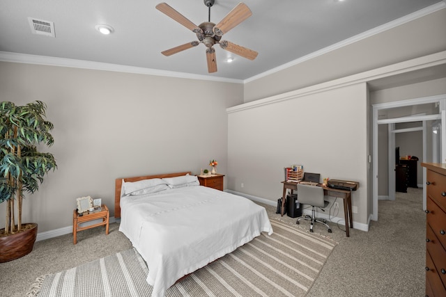 3921 Silver Lace Ln, Redding, CA 96001 - carpeted bedroom featuring crown molding, a ceiling fan, a desk, and recessed lighting