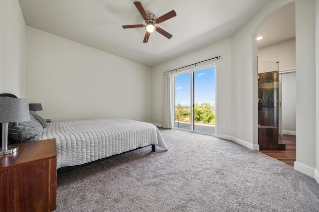 1005 Albion Ave, Redding, CA 96003 - bedroom with carpet floors, access to exterior, baseboards, arched walkways, and a ceiling fan