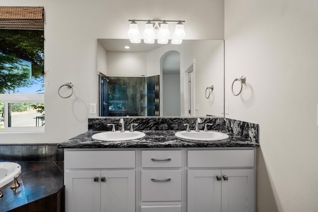 1005 Albion Ave, Redding, CA 96003 - bathroom with double vanity, an enclosed shower, and a bathtub