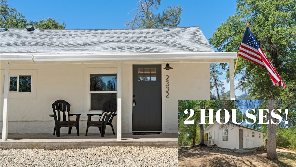 2332 Washington Ave, Shasta Lake, CA 96019 - entrance to property with a shingled roof, covered porch, and stucco siding