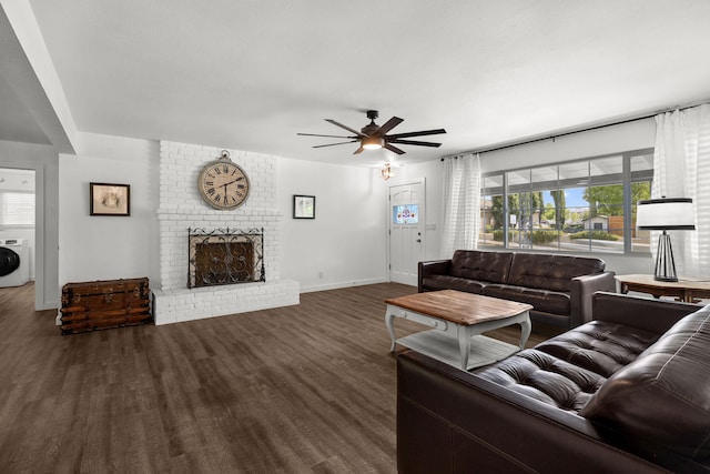 1666 Willis St, Redding, CA 96001 - living room with ceiling fan, wood finished floors, a brick fireplace, and washer / clothes dryer