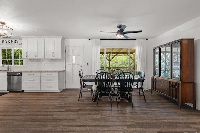 1666 Willis St, Redding, CA 96001 - dining room featuring ceiling fan, dark wood-style floors, and a chandelier