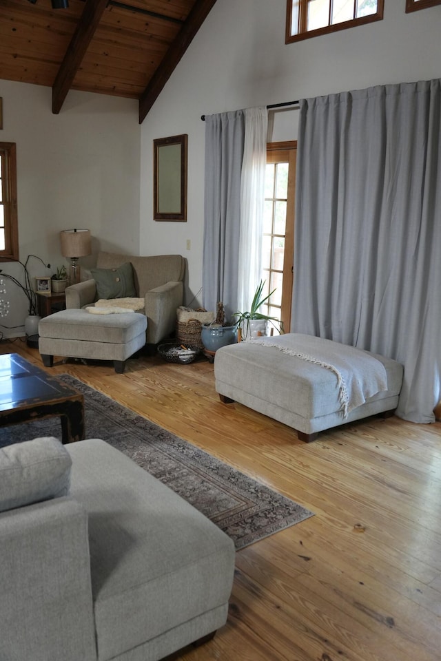 261 Salt Flat Rd, Lewiston, CA 96052 - living room featuring a wood ceiling with exposed beams, hardwood / wood-style floors, and high vaulted ceiling