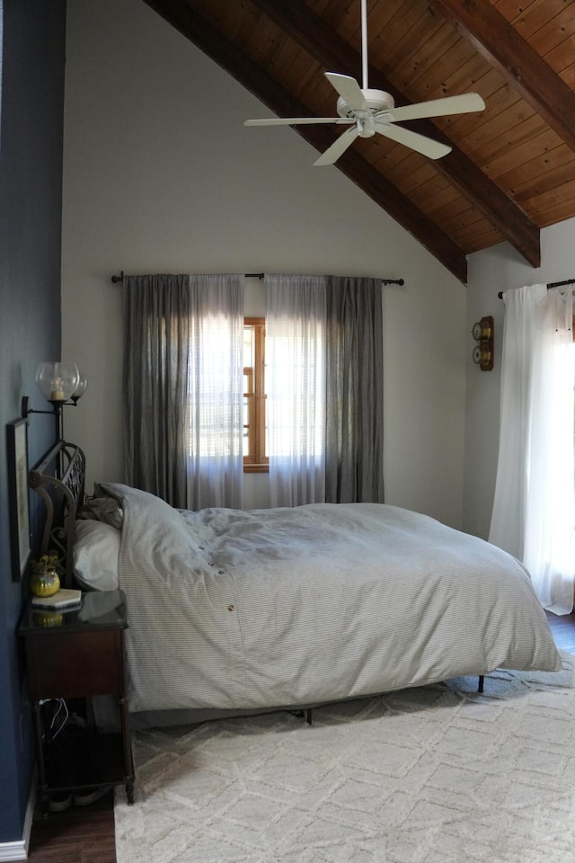 261 Salt Flat Rd, Lewiston, CA 96052 - bedroom with a wooden ceiling with exposed beams, multiple windows, high vaulted ceiling, and wood finished floors