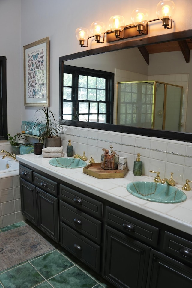 261 Salt Flat Rd, Lewiston, CA 96052 - bathroom featuring double vanity, a shower stall, tile patterned flooring, a bath, and backsplash