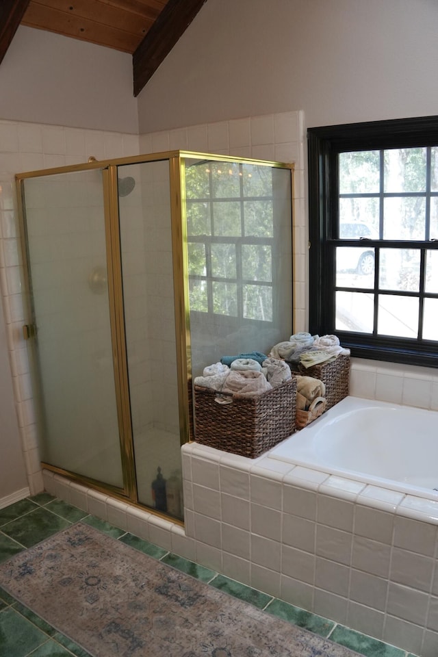 261 Salt Flat Rd, Lewiston, CA 96052 - full bath featuring a bath, a shower stall, tile patterned flooring, and wood ceiling