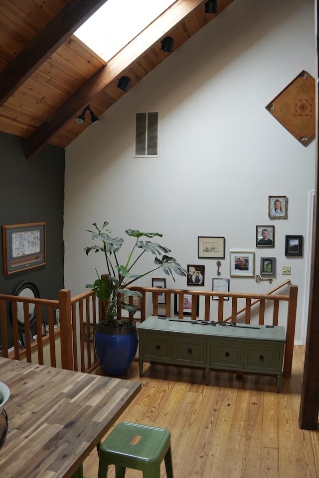 261 Salt Flat Rd, Lewiston, CA 96052 - detailed view of a wooden ceiling with exposed beams, wood finished floors, and a skylight