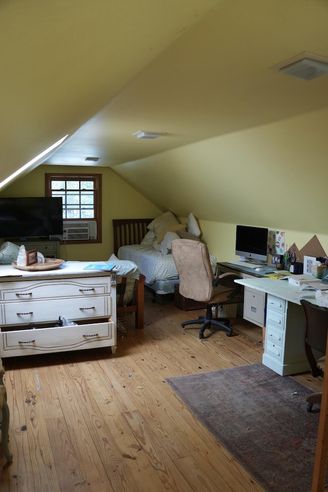 261 Salt Flat Rd, Lewiston, CA 96052 - bedroom featuring light wood finished floors, cooling unit, vaulted ceiling, and a desk