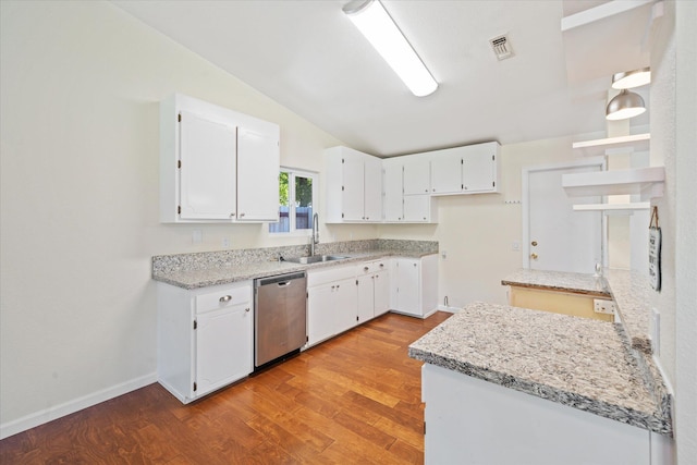 466 Tourmaline Way, Redding, CA 96003 - kitchen with dishwasher, open shelves, light wood-style floors, lofted ceiling, and white cabinetry