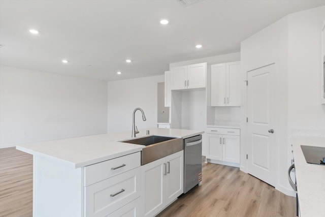 4206 Acadia Pl, Redding, CA 96001 - kitchen featuring dishwasher, a sink, white cabinetry, light wood-style floors, and recessed lighting