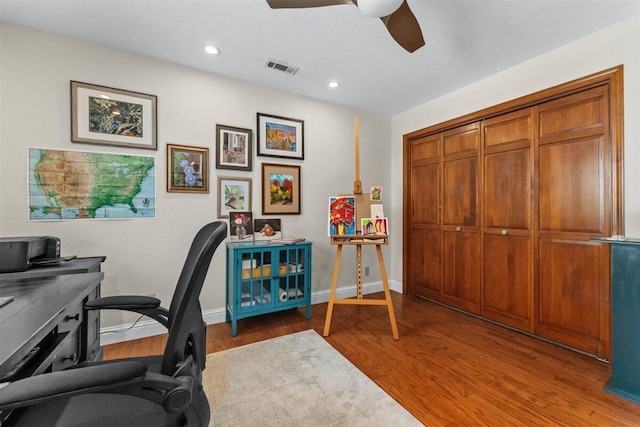 2364 La Madre Ct, Redding, CA 96002 - home office featuring a ceiling fan, wood finished floors, baseboards, and recessed lighting