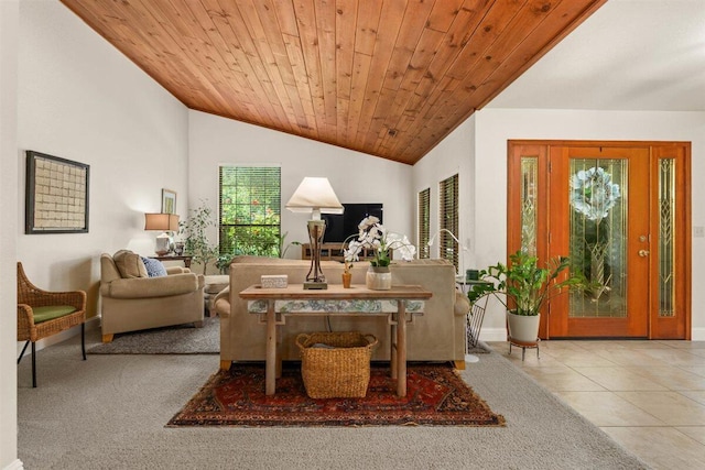2364 La Madre Ct, Redding, CA 96002 - living room with lofted ceiling, wooden ceiling, baseboards, and tile patterned flooring