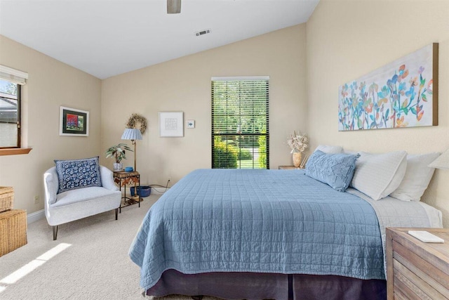 2364 La Madre Ct, Redding, CA 96002 - carpeted bedroom with vaulted ceiling, multiple windows, baseboards, and ceiling fan