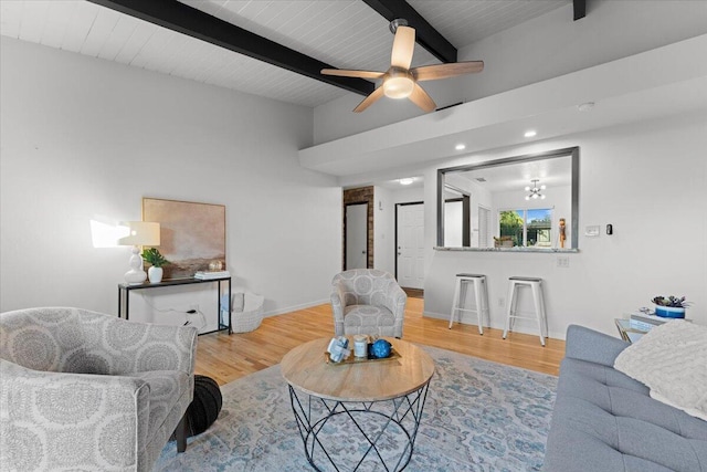 2220 Gold St, Redding, CA 96001 - living room with beamed ceiling, wood finished floors, recessed lighting, baseboards, and a ceiling fan