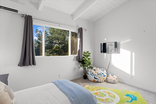 2220 Gold St, Redding, CA 96001 - bedroom featuring a wall unit AC, carpet, wooden ceiling, and baseboards