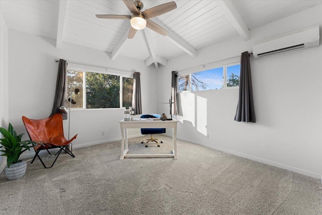 2220 Gold St, Redding, CA 96001 - home office featuring an AC wall unit, carpet floors, a ceiling fan, baseboards, and wooden ceiling with exposed beams