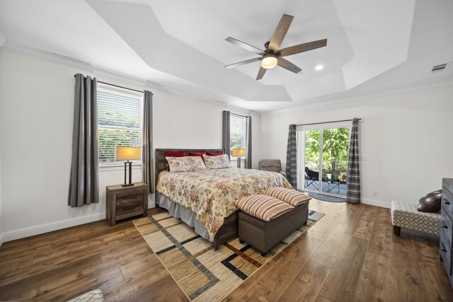 4648 Kilkee Dr, Redding, CA 96001 - bedroom with a raised ceiling, access to exterior, wood-type flooring, baseboards, and recessed lighting