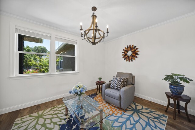 4648 Kilkee Dr, Redding, CA 96001 - sitting room featuring a chandelier, baseboards, ornamental molding, and wood finished floors