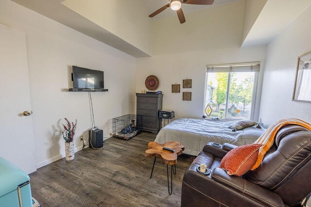 410 Ridgecrest Trl Unit 226, Redding, CA 96003 - bedroom with dark wood finished floors, ceiling fan, baseboards, and high vaulted ceiling