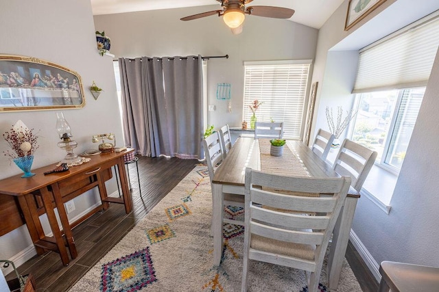 410 Ridgecrest Trl Unit 226, Redding, CA 96003 - dining area with wood finished floors, a ceiling fan, lofted ceiling, and baseboards