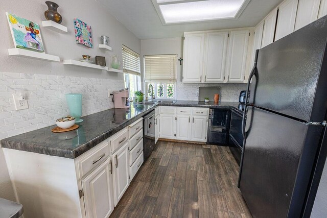 410 Ridgecrest Trl Unit 226, Redding, CA 96003 - kitchen featuring black appliances, white cabinetry, dark countertops, and tasteful backsplash