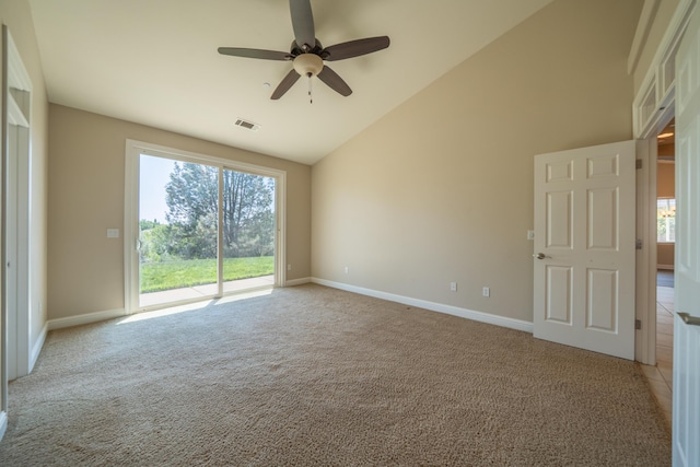 3337 Old Lantern Dr, Redding, CA 96003 - unfurnished room featuring healthy amount of natural light, ceiling fan, light carpet, baseboards, and high vaulted ceiling