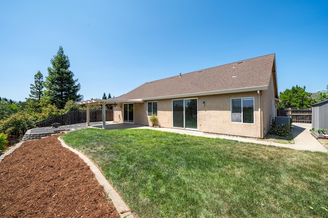 3337 Old Lantern Dr, Redding, CA 96003 - rear view of property featuring a patio area, cooling unit, stucco siding, and roof with shingles