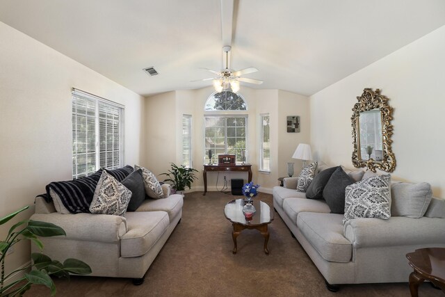 3097 Butterfly Ln, Shasta Lake, CA 96019 - living area with lofted ceiling, a ceiling fan, carpet flooring, and baseboards