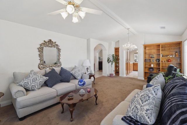 3097 Butterfly Ln, Shasta Lake, CA 96019 - living room featuring arched walkways, a chandelier, light colored carpet, baseboards, and ceiling fan