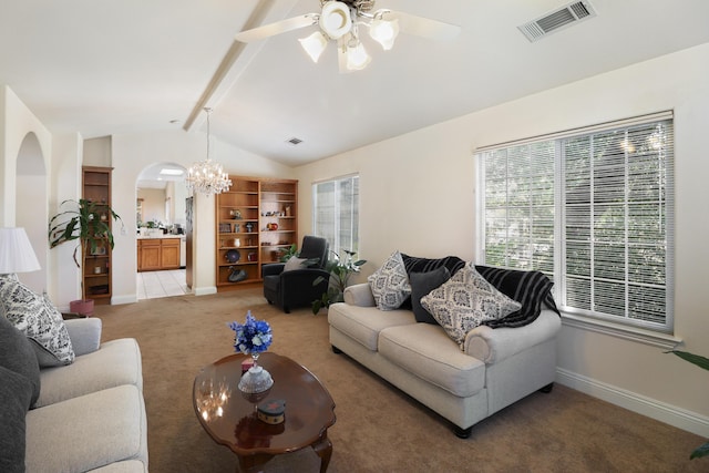 3097 Butterfly Ln, Shasta Lake, CA 96019 - living area featuring light colored carpet, ceiling fan, baseboards, and a chandelier