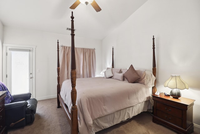 3097 Butterfly Ln, Shasta Lake, CA 96019 - carpeted bedroom with vaulted ceiling, baseboards, and a ceiling fan
