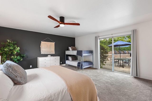 2180 Oak Ridge Dr, Redding, CA 96001 - bedroom featuring access to outside, carpet, and a ceiling fan