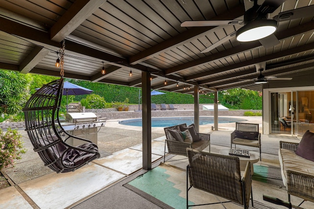2180 Oak Ridge Dr, Redding, CA 96001 - view of patio featuring ceiling fan, an outdoor hangout area, and a grill