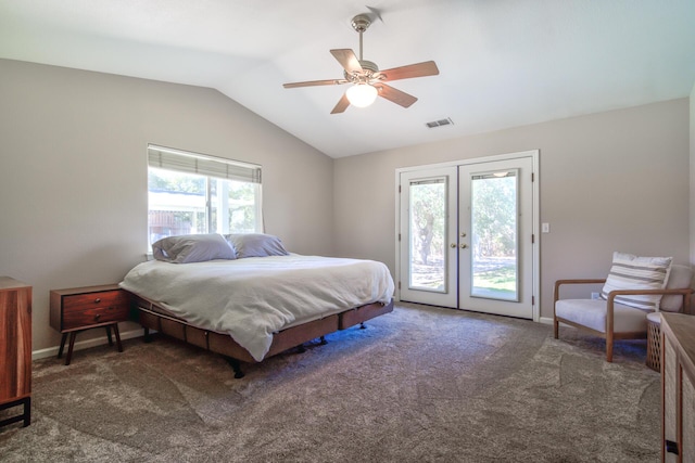 17400 Pittim Dr, Redding, CA 96003 - carpeted bedroom featuring access to exterior, french doors, lofted ceiling, and ceiling fan