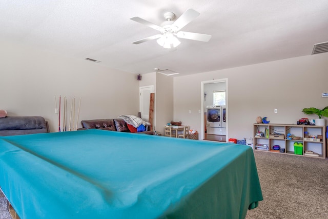 17400 Pittim Dr, Redding, CA 96003 - game room featuring separate washer and dryer, carpet flooring, billiards, and a ceiling fan