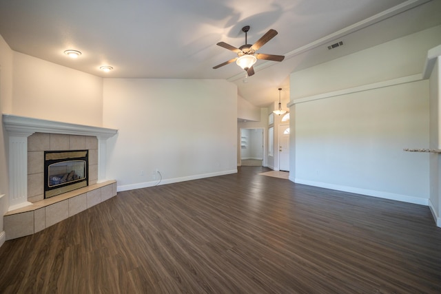 3255 Wandsworth Dr, Shasta Lake, CA 96019 - unfurnished living room with ceiling fan, dark wood-style floors, lofted ceiling, and a fireplace