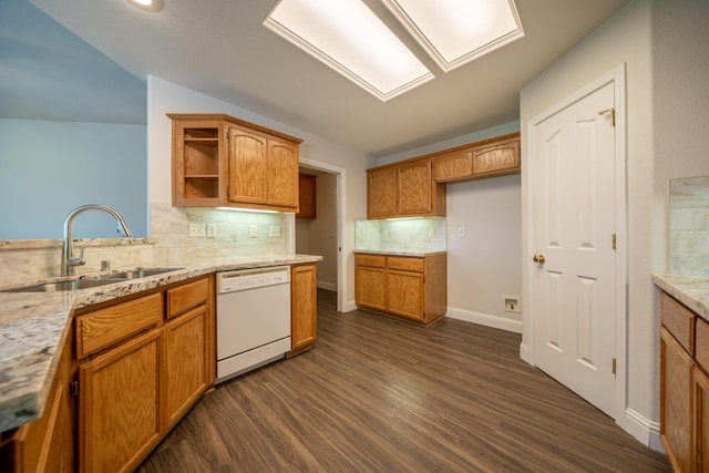 3255 Wandsworth Dr, Shasta Lake, CA 96019 - kitchen with white dishwasher, dark wood-type flooring, open shelves, backsplash, and brown cabinets