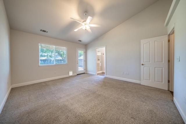 3255 Wandsworth Dr, Shasta Lake, CA 96019 - unfurnished bedroom with carpet, ensuite bathroom, ceiling fan, and high vaulted ceiling
