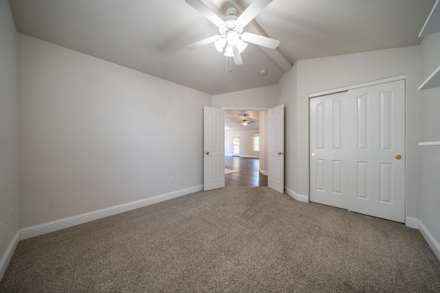 3255 Wandsworth Dr, Shasta Lake, CA 96019 - unfurnished bedroom featuring carpet, lofted ceiling, a closet, and a ceiling fan