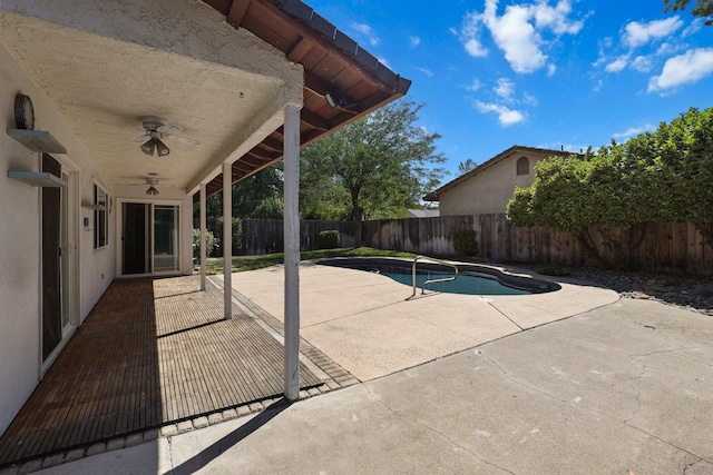 1401 Casa Vereda Way, Redding, CA 96003 - view of pool featuring a ceiling fan, a fenced backyard, and a patio