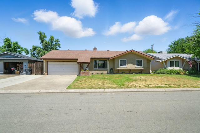 2034 Wilder Dr, Redding, CA 96002 - ranch-style home featuring an attached garage, driveway, a front lawn, stucco siding, and a chimney
