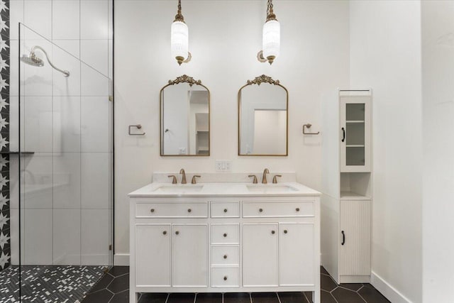 1764 Chestnut St, Redding, CA 96001 - full bath with tile patterned flooring, a tile shower, and double vanity